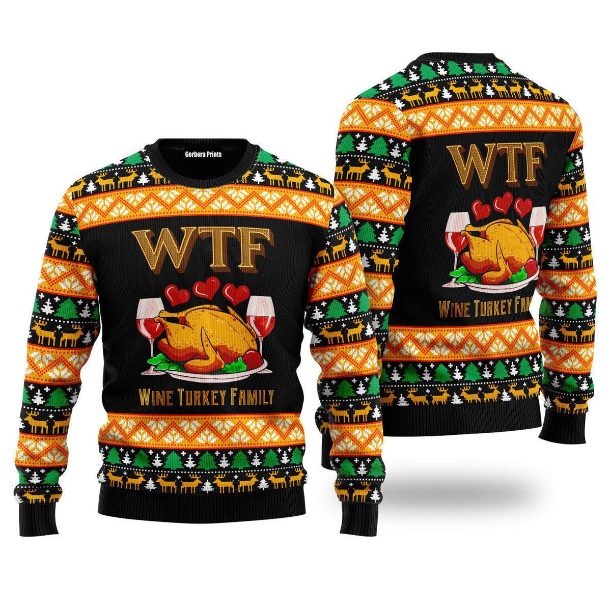 Wine Turkey Family Happy Thanksgiving Ugly Sweater - Skullridding