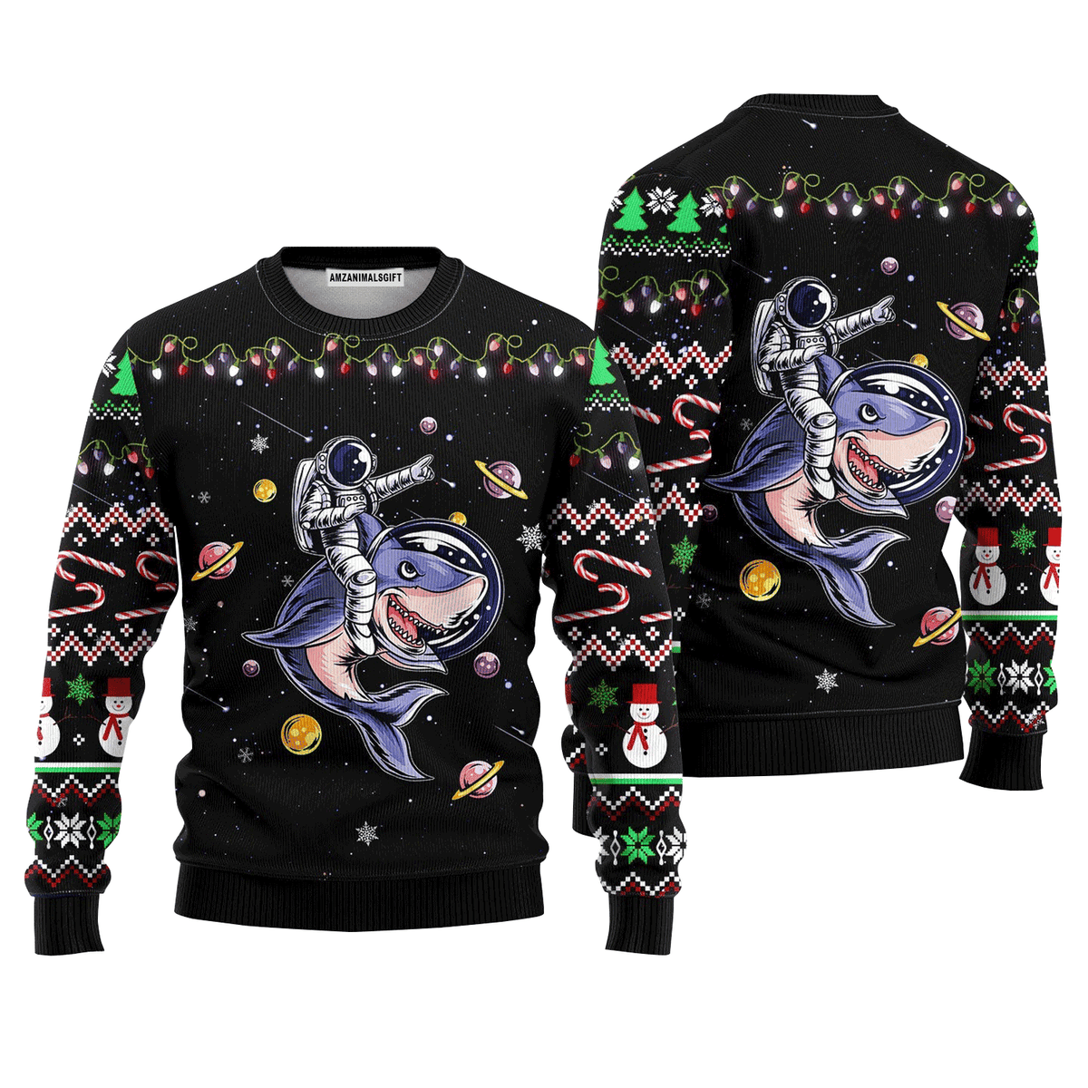 Funny Astronauts Ride A Shark In Space With The Planet Ugly Sweater - Skullridding