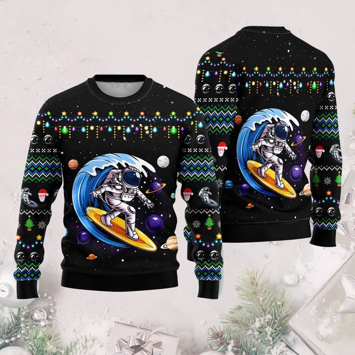 Astronauts Surf On a Surfboard In Space Ugly Christmas Sweater - Skullridding