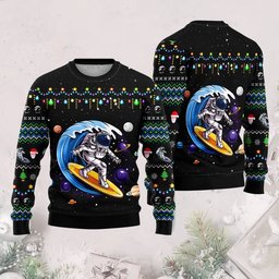 Astronauts Surf On a Surfboard In Space Ugly Christmas Sweater - Skullridding