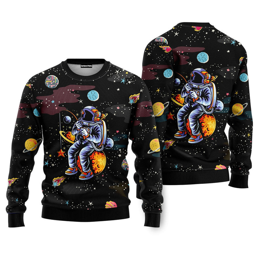Funny Astronaut Fishing In Space Ugly Christmas Sweater - Skullridding