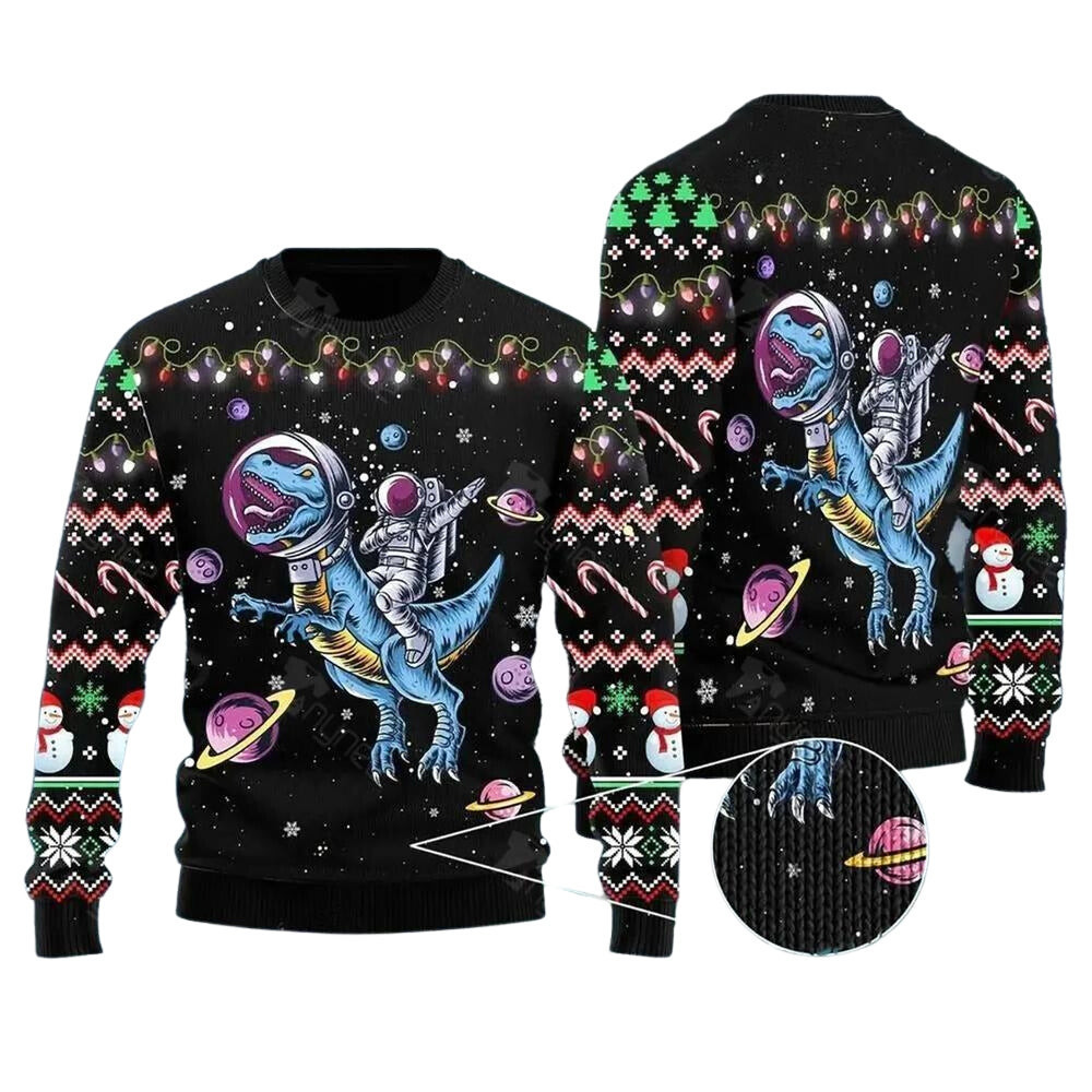 Astronauts Ride a T-Rex In Space With The Planet Ugly Christmas Sweater - Skullridding