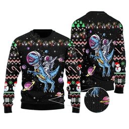 Astronauts Ride a T-Rex In Space With The Planet Ugly Christmas Sweater - Skullridding