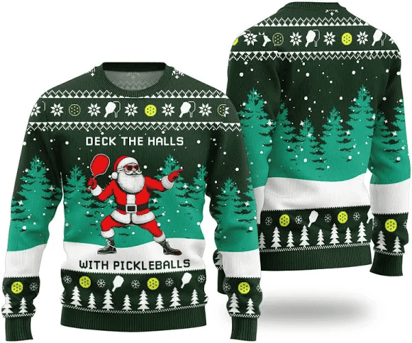 Funny Deck The Hall Pickleball Santa Ugly Christmas Sweater - Skullridding