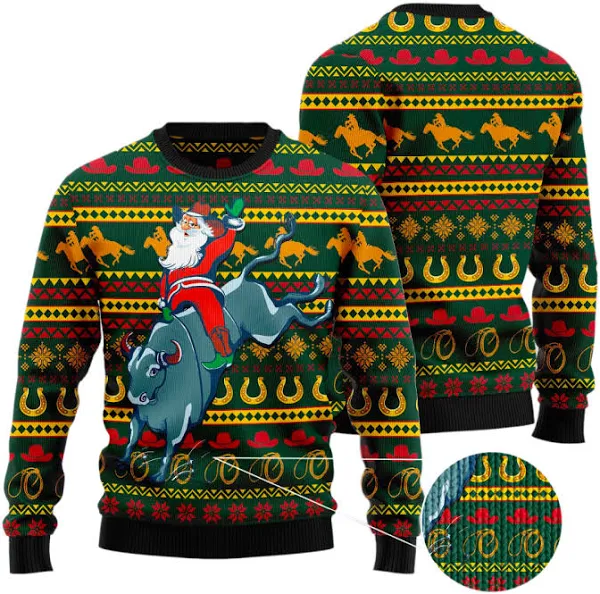 Santa Claus Mechanical Bull Rides Ugly Christmas Sweater - Skullridding