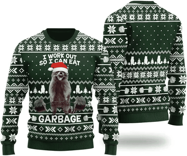 Racoon I Work Out So I Can Eat Garbage Merry Liftmas Ugly Christmas Sweater - Skullridding