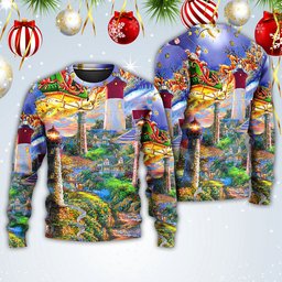 Lighthouse Christmas Santa Home The Light Is Christmas Ugly Sweater - Skullridding