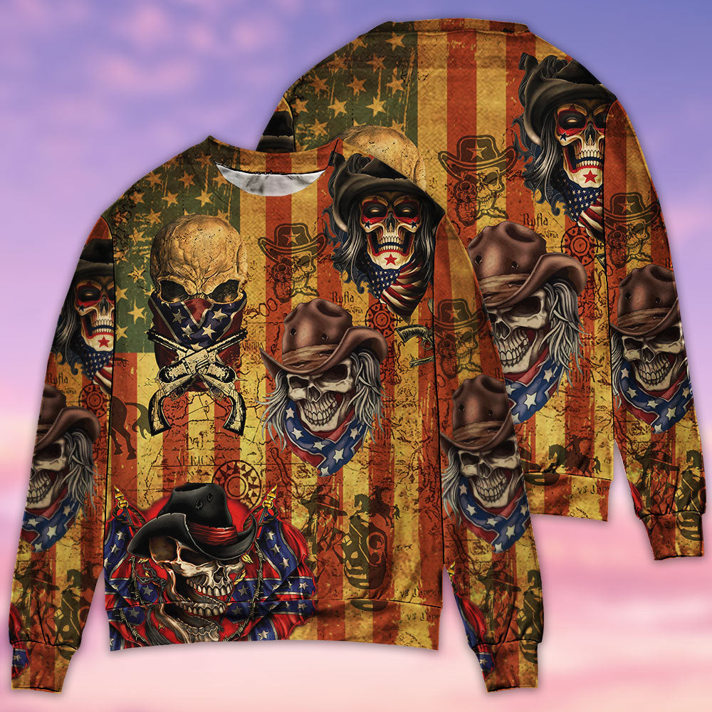 Skull Cowboy America Retro Christmas Ugly Sweater - Skullridding