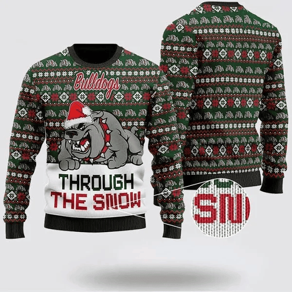 Bulldogs Through The Snow Ugly Christmas Sweater - Skullridding