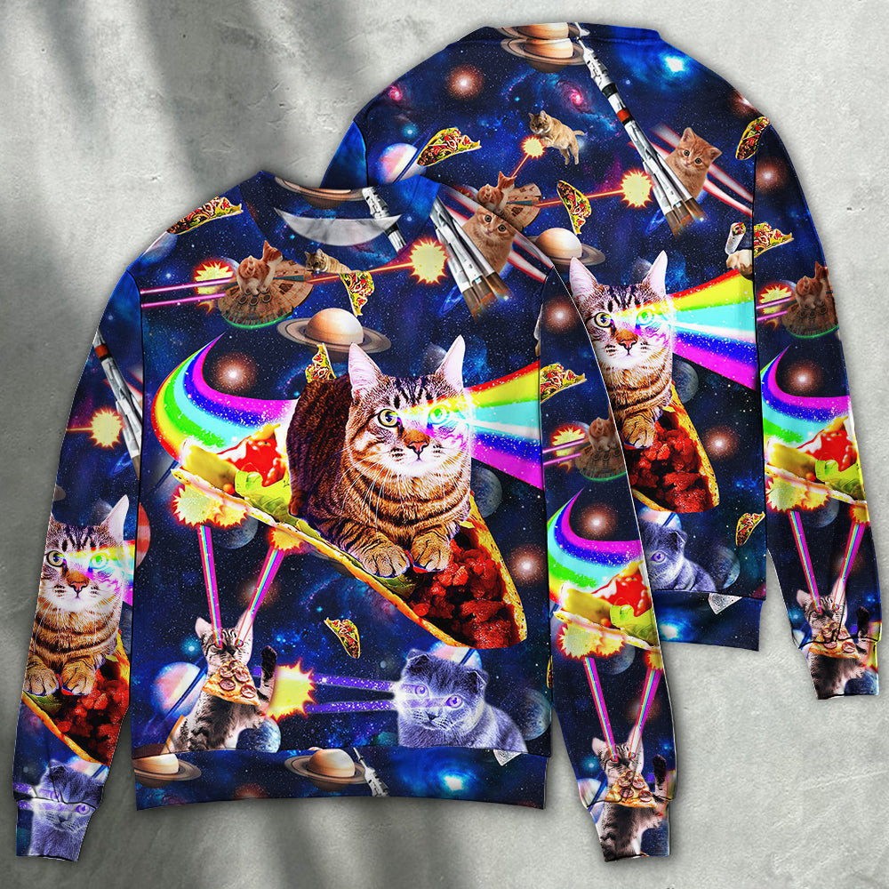 Cat Ride Food In Space Ugly Christmas Sweater - Skullridding