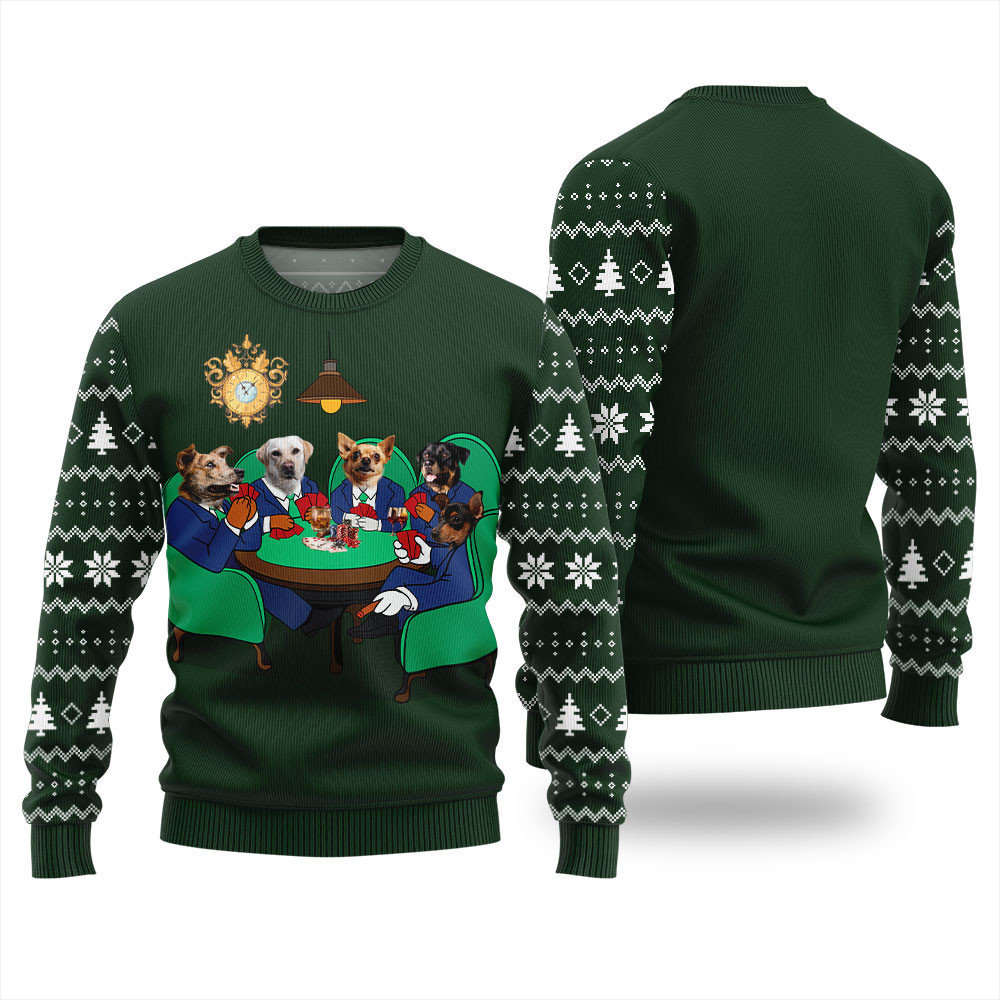Dogs Playing Poker Christmas Ugly Sweater Green - Skullridding