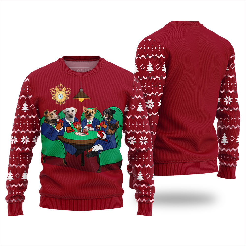 Dogs Playing Poker Christmas Ugly Sweater Red - Skullridding