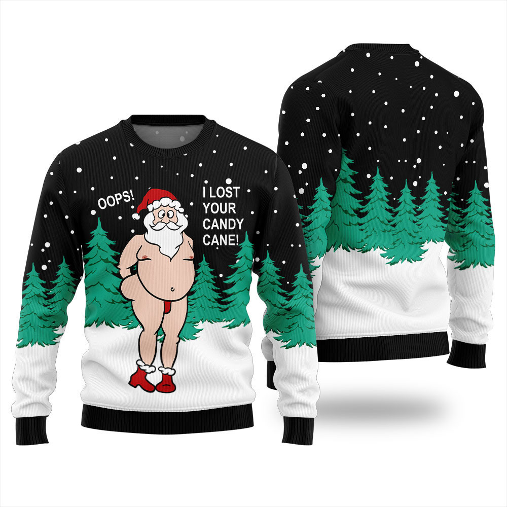 Funny Santa Naughty I Lost Your Candy Cane Ugly Christmas Sweater Black - Skullridding