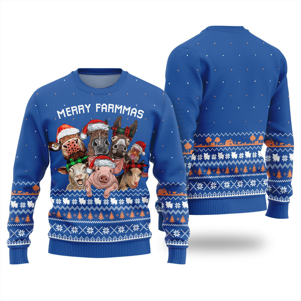 Funny Merry Farmmas Ugly Christmas Sweater Blue