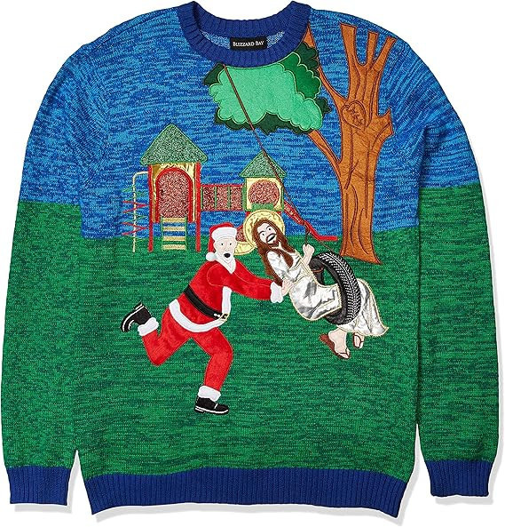 Santa and Jesus Tire Swing Twosome Ugly Christmas Sweater