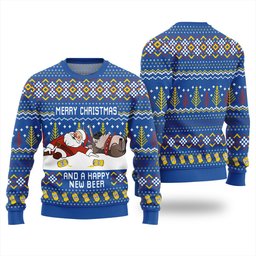Merry Beermas and a Happy New Beer Ugly Christmas Sweater Blue