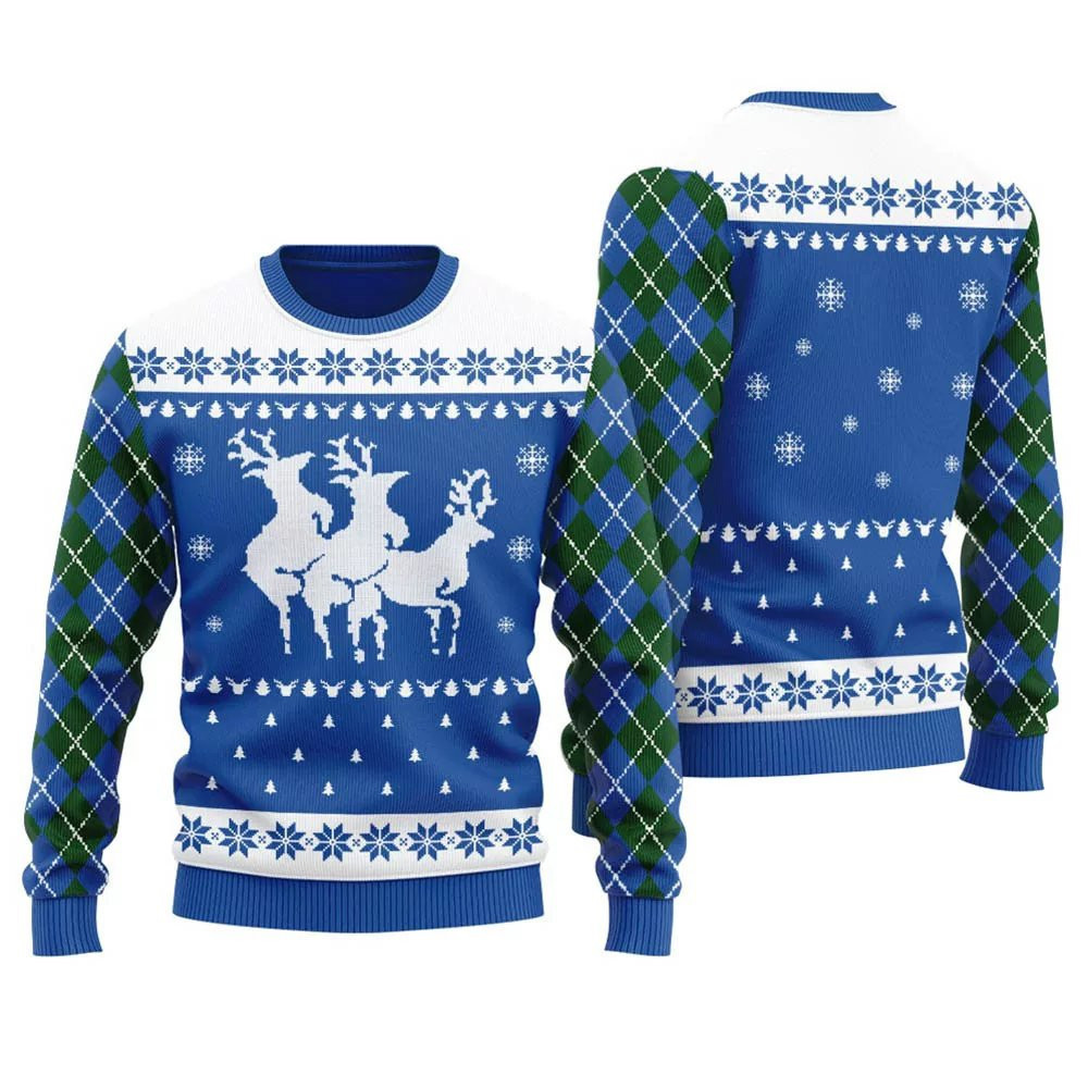 Naughty Reindeer Threesome Ugly Christmas Sweater Blue