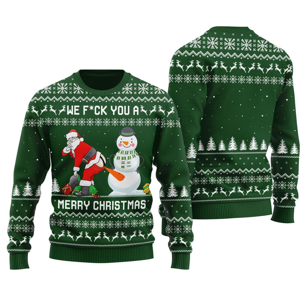 Snowman Stick a Carrot Up Santa's Asshole Ugly Christmas Sweater Green