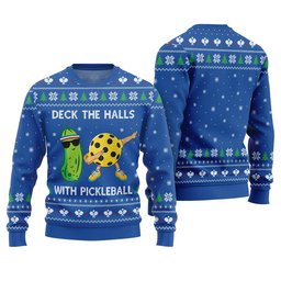 Deck The Halls With Pickleball Ugly Christmas Sweater Blue