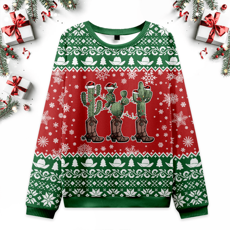 Cactus Wearing Cowboy Boots Ugly Christmas Sweater