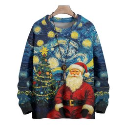 Portrait of Santa and Christmas Tree in Van Gogh Style Knitted Sweater