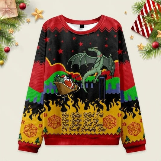 Ugly Christmas Sweater Dragon Pulls Santa's Sleigh D20 Lover Sweatshirt