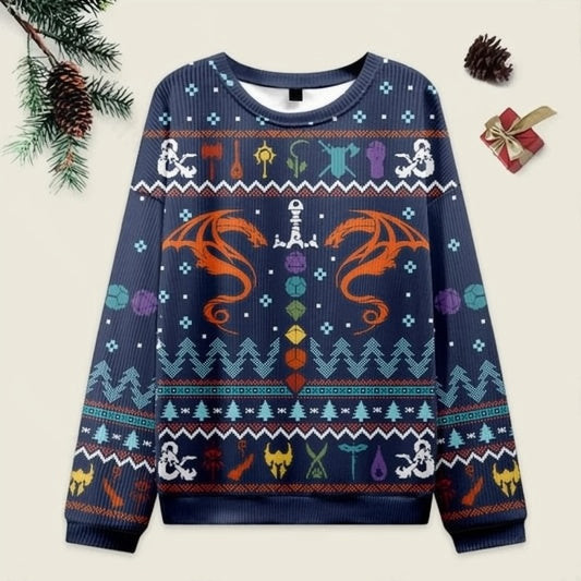 Ugly Christmas Sweater DND Dragon Dice Weapon Dark Blue Sweatshirt
