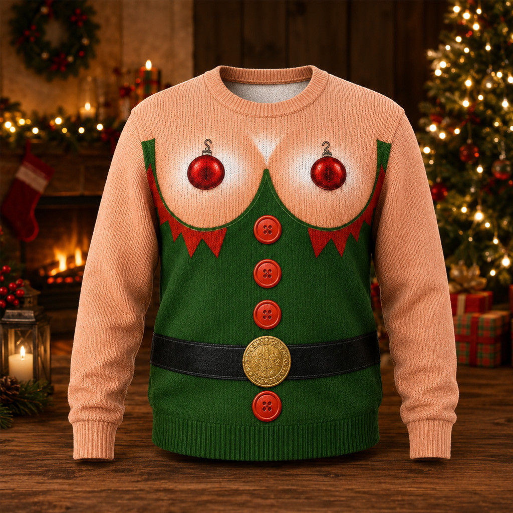 Funny Elf Chest Ugly Christmas Sweater 2026