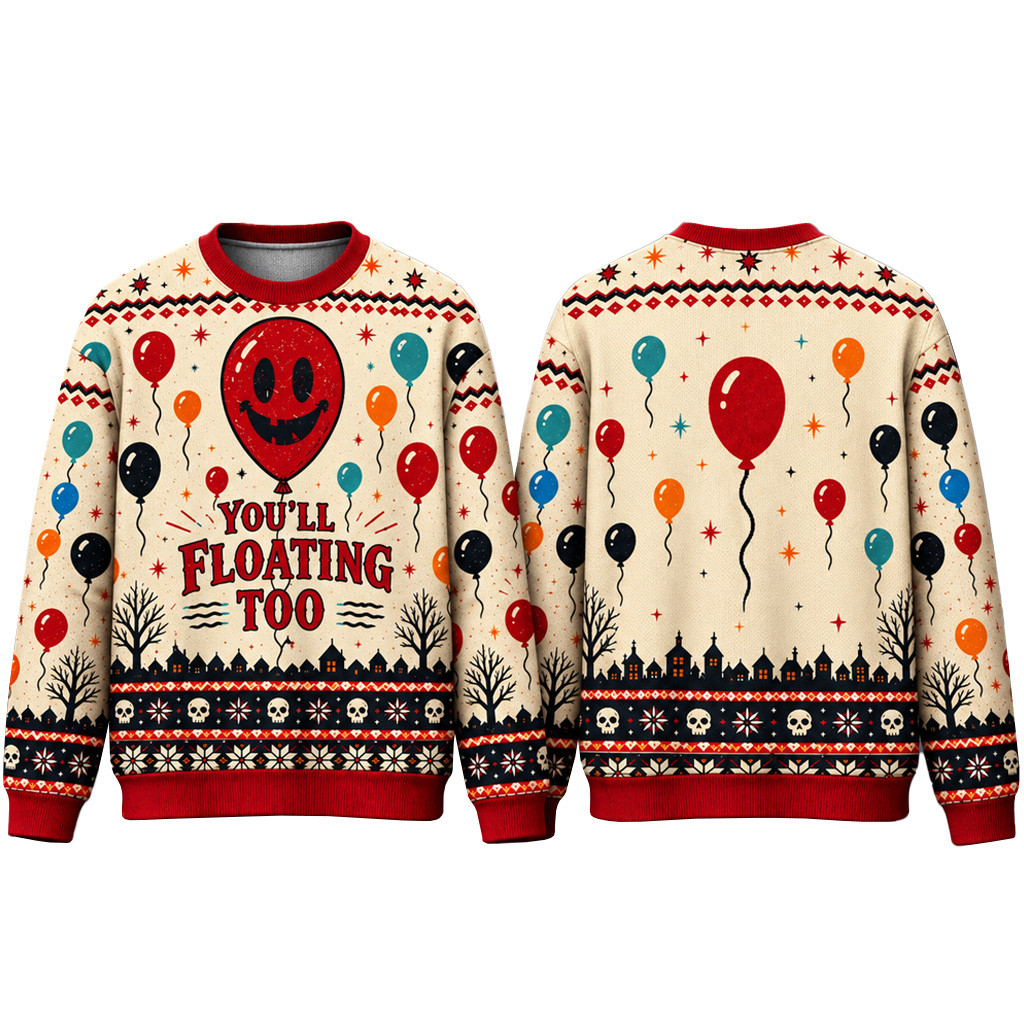 2026 You'll Floating Too Red Balloon Halloween Ugly Sweater