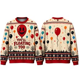 2026 You'll Floating Too Red Balloon Halloween Ugly Sweater