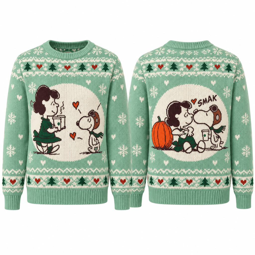SB x Peanuts Snoopy and Lucy Van Pelt Coffee Date 2026 Ugly Christmas Sweater for Peanuts Fans