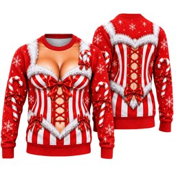 Funny Candy Cane Corset Cleavage Ugly Christmas Sweater for Christmas Fans
