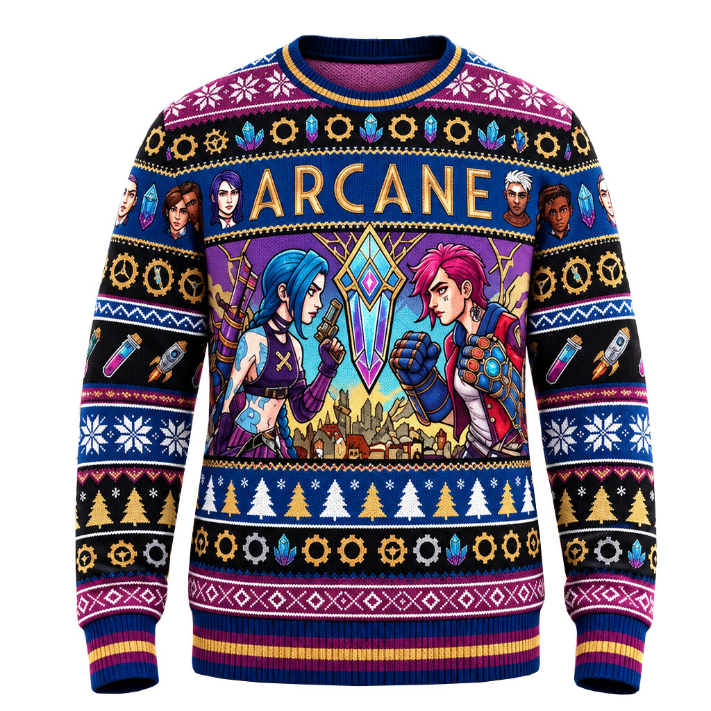 Jinx and Vi Crystal City Purple 2026 League Of Legends Christmas Arcane Ugly Sweater