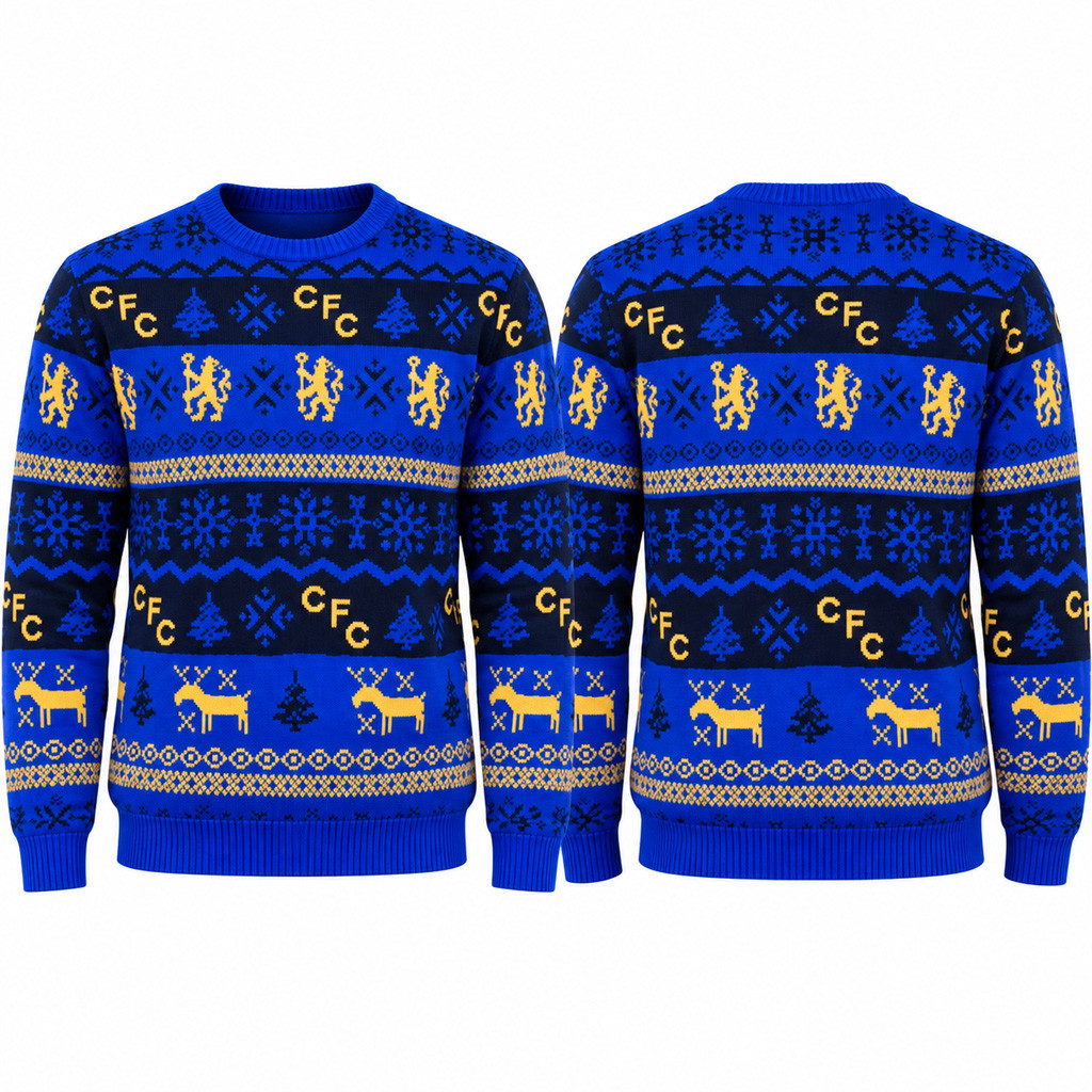 Chelsea FC Gold Reindeer Christmas 2026 Jumper Ugly Sweater