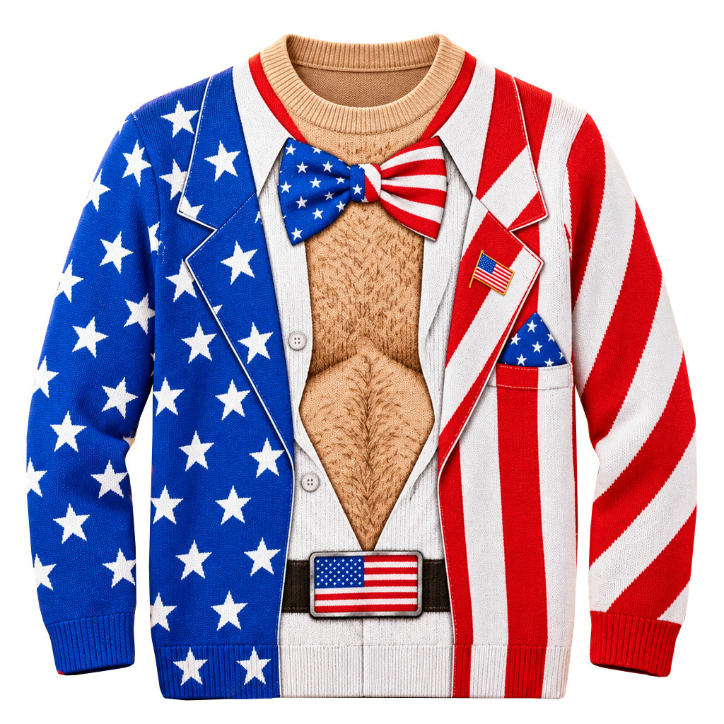 Funny American Flag Hairy Chest Tuxedo Ugly Christmas Sweater For Patriot Fans