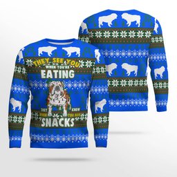 Bulldog They See You When You're Eating Snack Ugly Christmas Sweater Blue