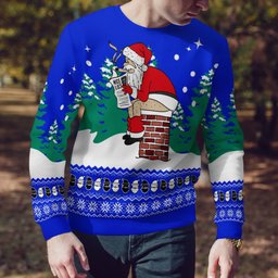 Funny Santa Sits On The Chimney Ugly Christmas Sweater Blue - Skullridding