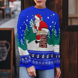 Funny Santa Sits On The Chimney Ugly Christmas Sweater Blue - Skullridding