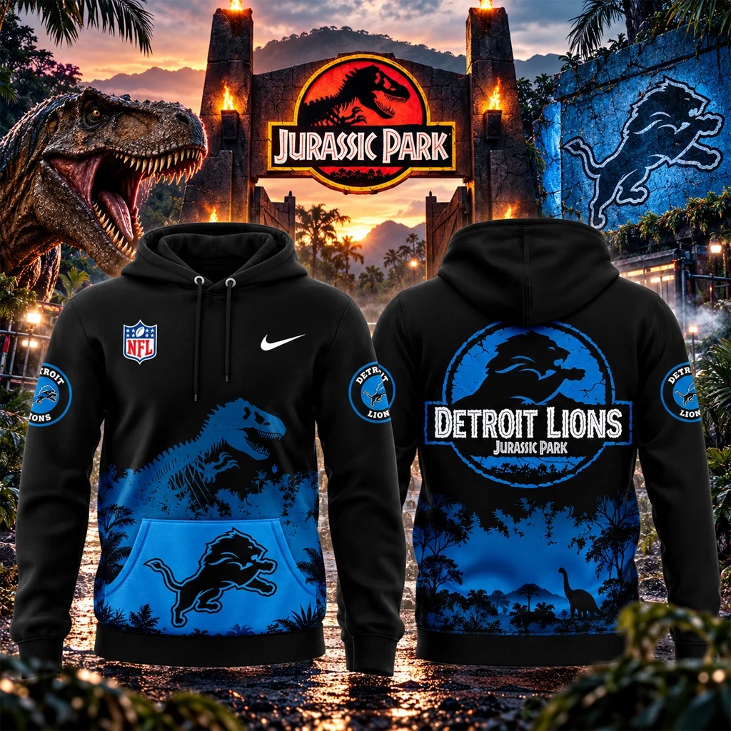 Detroit Lions x Jurassic Park 2026 Graphic Hoodie for Football and Jurassic Park Fans