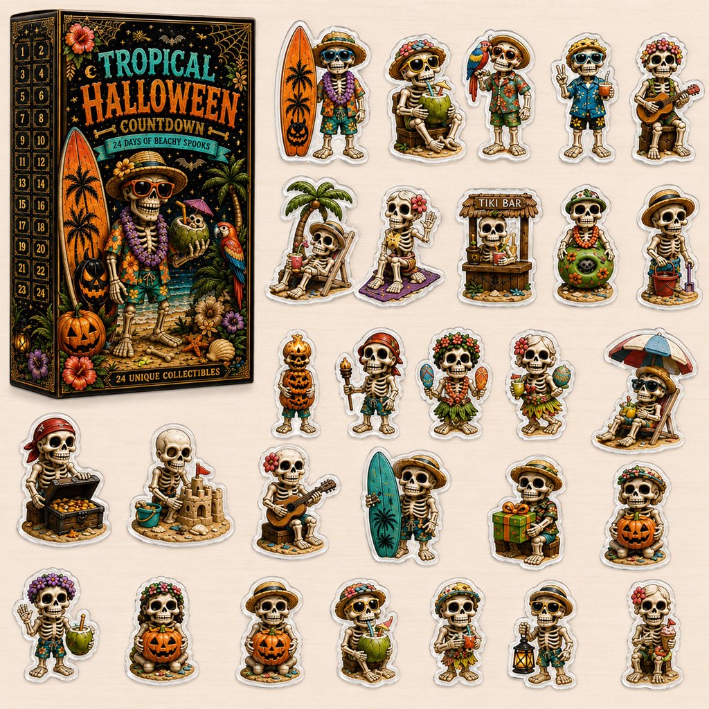 Beach Vacation Skeleton Halloween 2026 Countdown Advent Calendar