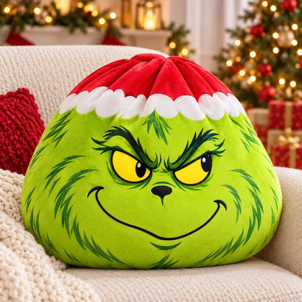Grinch Christmas Baozi Throw Pillow Green Santa Hat Plush Decorative Cushion