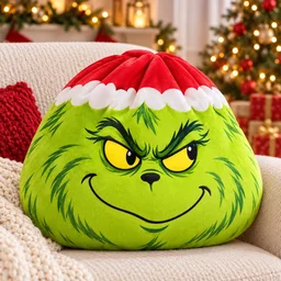 Grinch Christmas Baozi Throw Pillow Green Santa Hat Plush Decorative Cushion