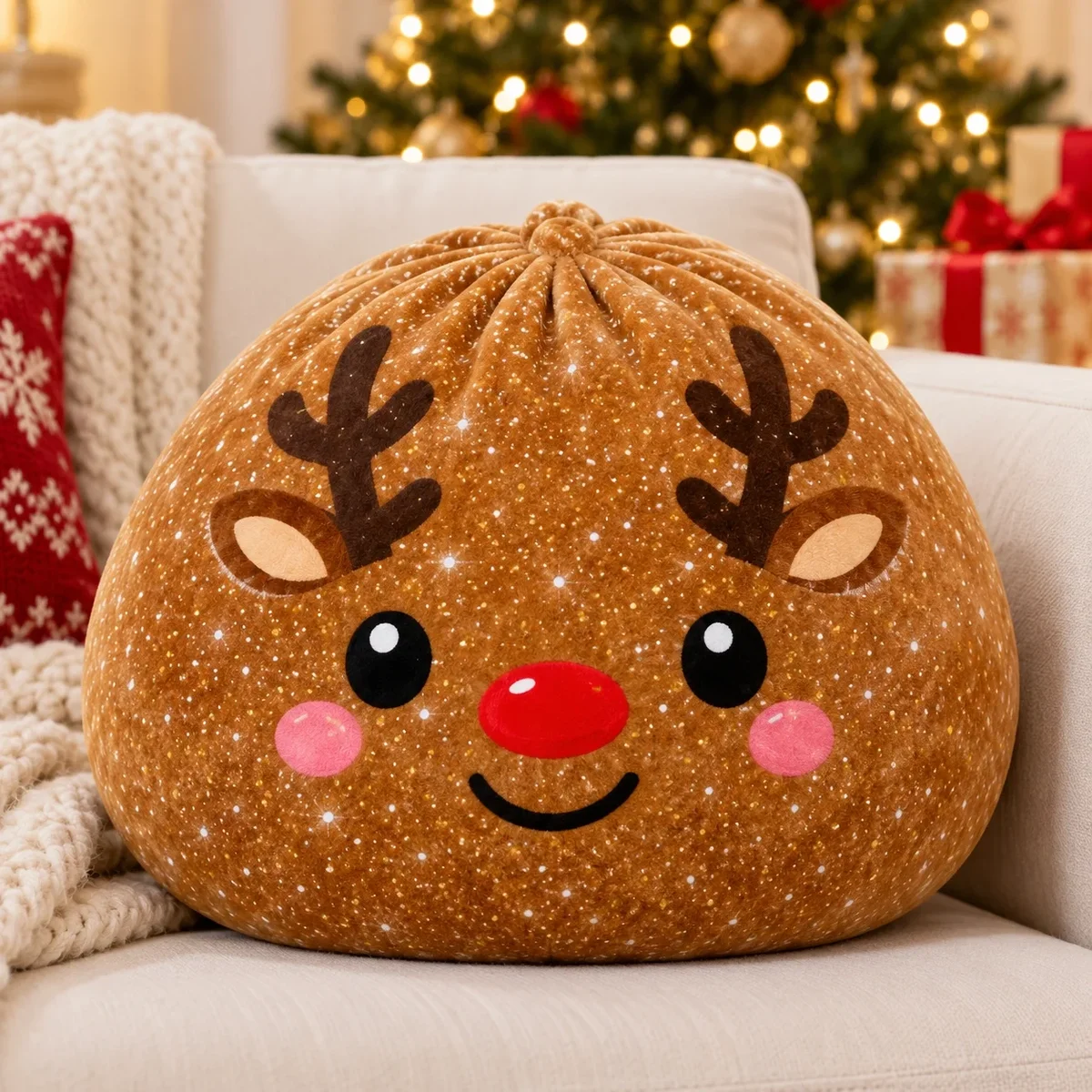 Cute Christmas Reindeer Baozi Throw Squishy Pillow Brown Glitter Rudolph Red Nose Antlers Soft Plush Decorative Cushion