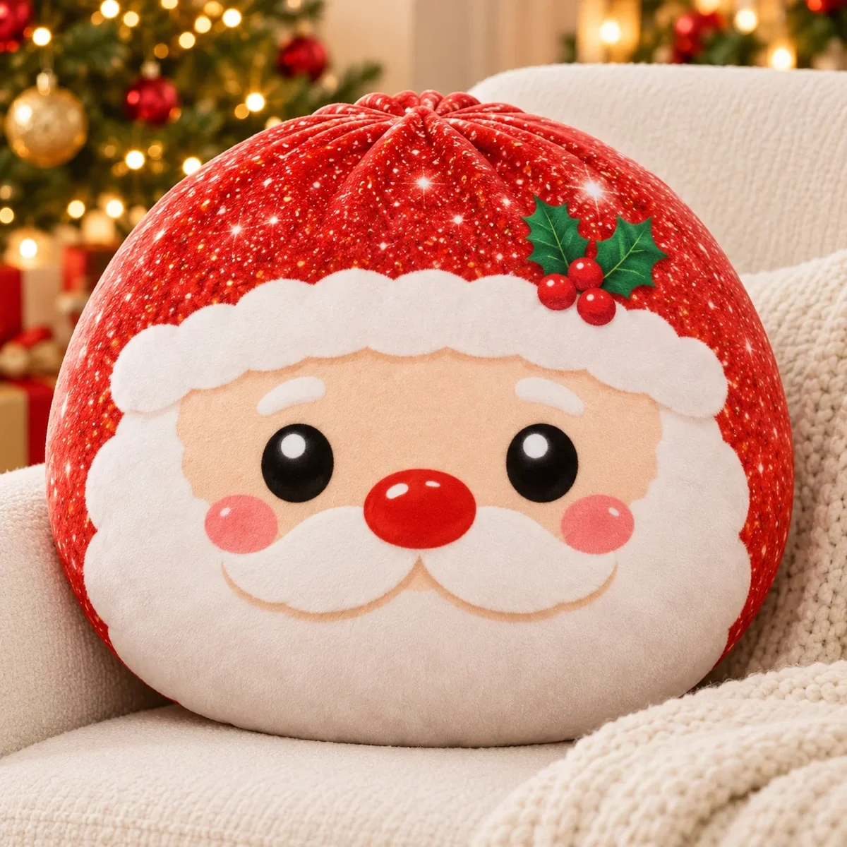 Cute Santa Claus Christmas Baozi Throw Squishy Pillow Red Glitter Santa Face Holly Berry Soft Plush Decorative Cushion