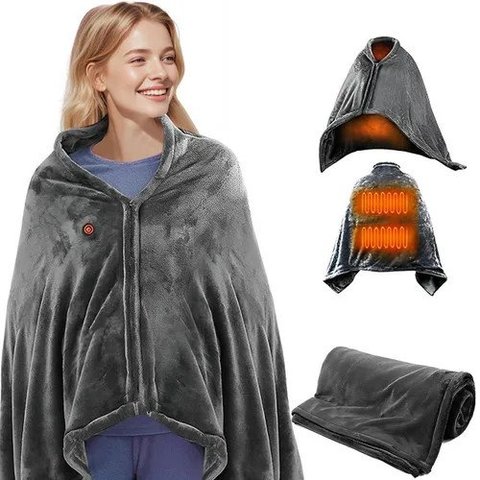 A woman wearing the Wearable USB Heated Blanket