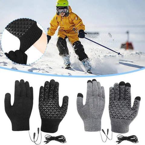 The USB Heated Gloves in both styles, with a skier wearing a pair