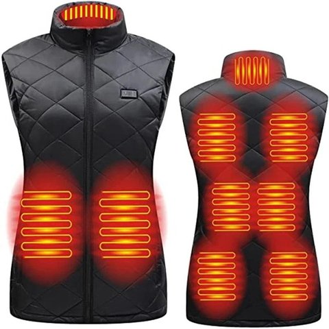 The Women's USB Heated Vest in black, heating zones shown