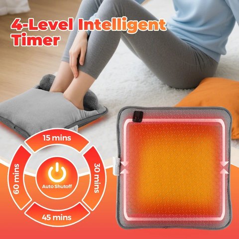 Feet resting in the USB Heated Foot Warmer, with its timer settings