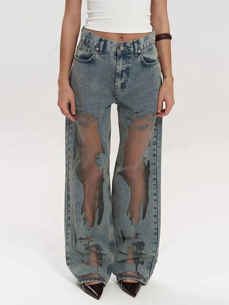 Women’s sheer baggy mesh jeans with high waist and wide-leg fit