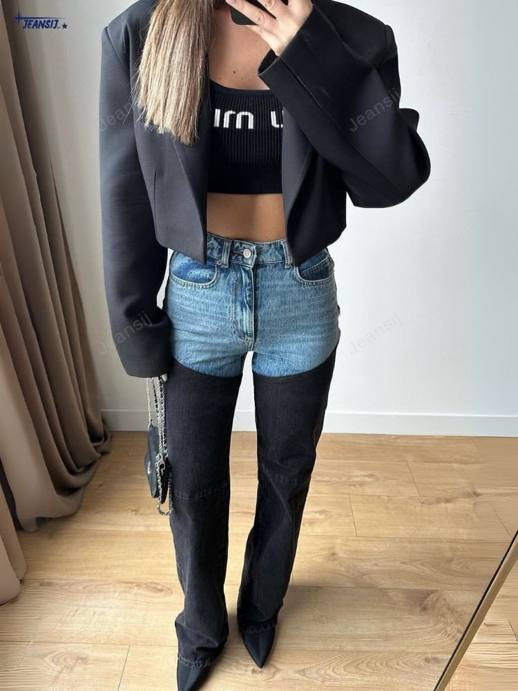 JEANSIJ two tone denim jeans for women in blue and black contrast